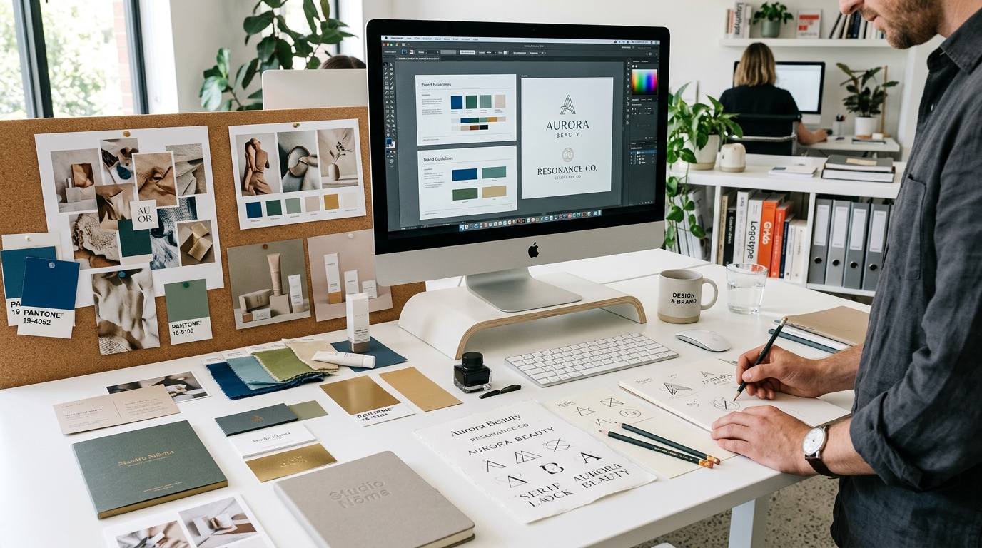 Creative branding studio workspace with design materials and mood boards