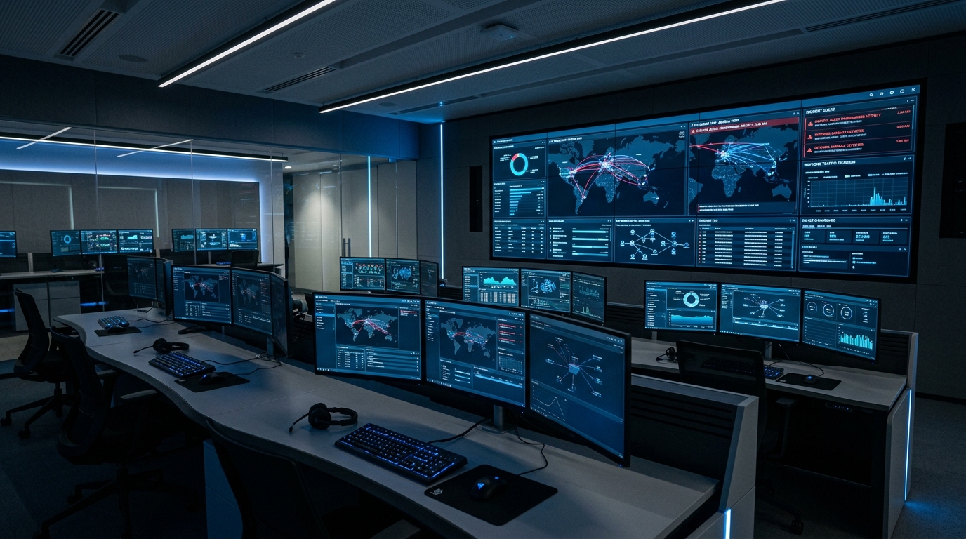 Modern cybersecurity operations center with security monitoring dashboards