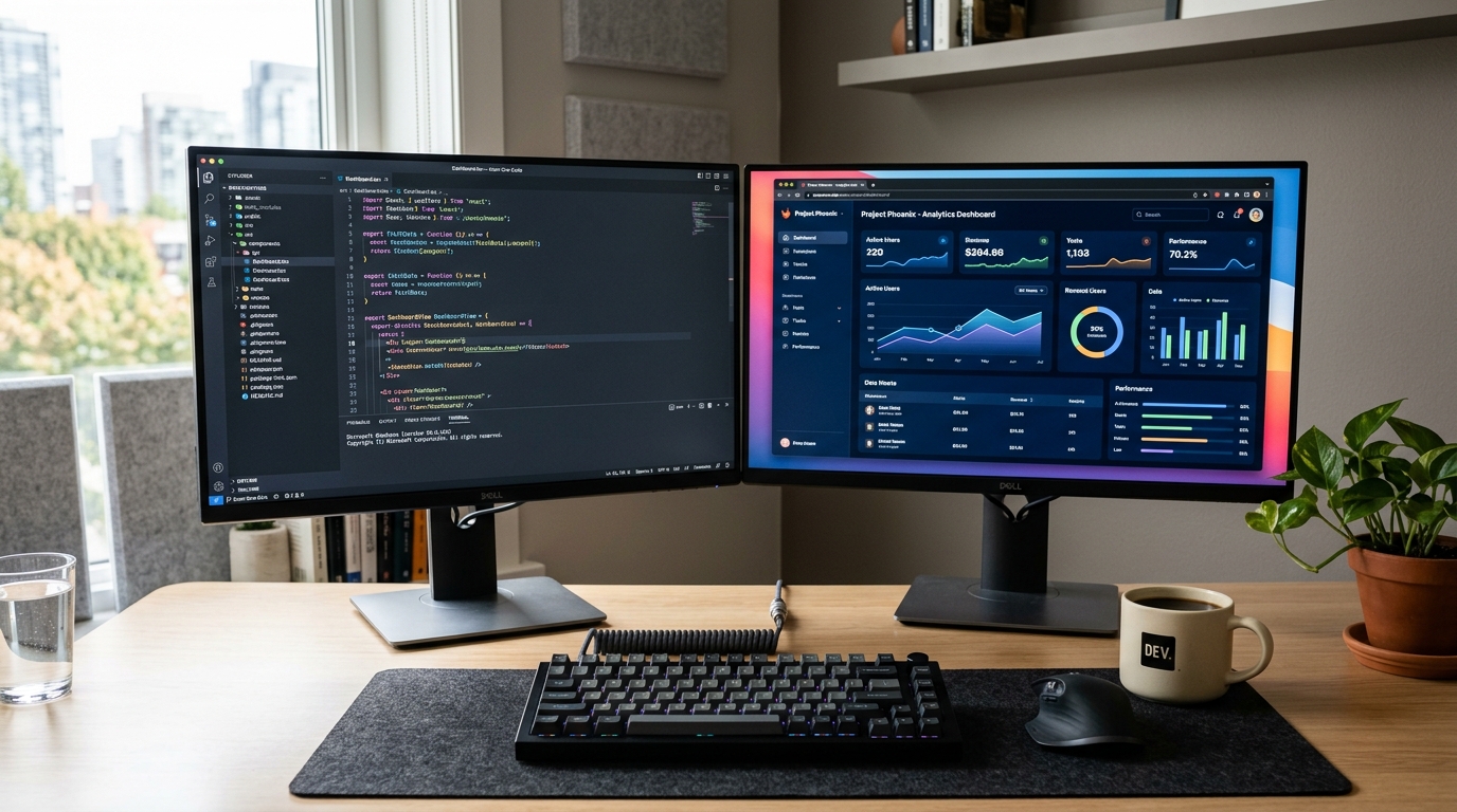 Software development workspace with dual monitors showing code and dashboards